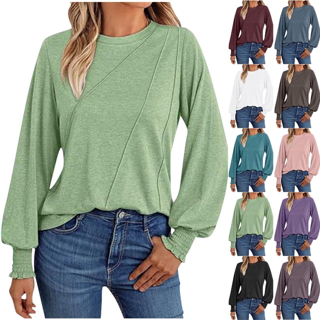 Top de tallas grandes,Blusa informal de color liso para mujer, cuello redondo, manga larga, tela acrílica, cómoda para uso diario, sopatenor