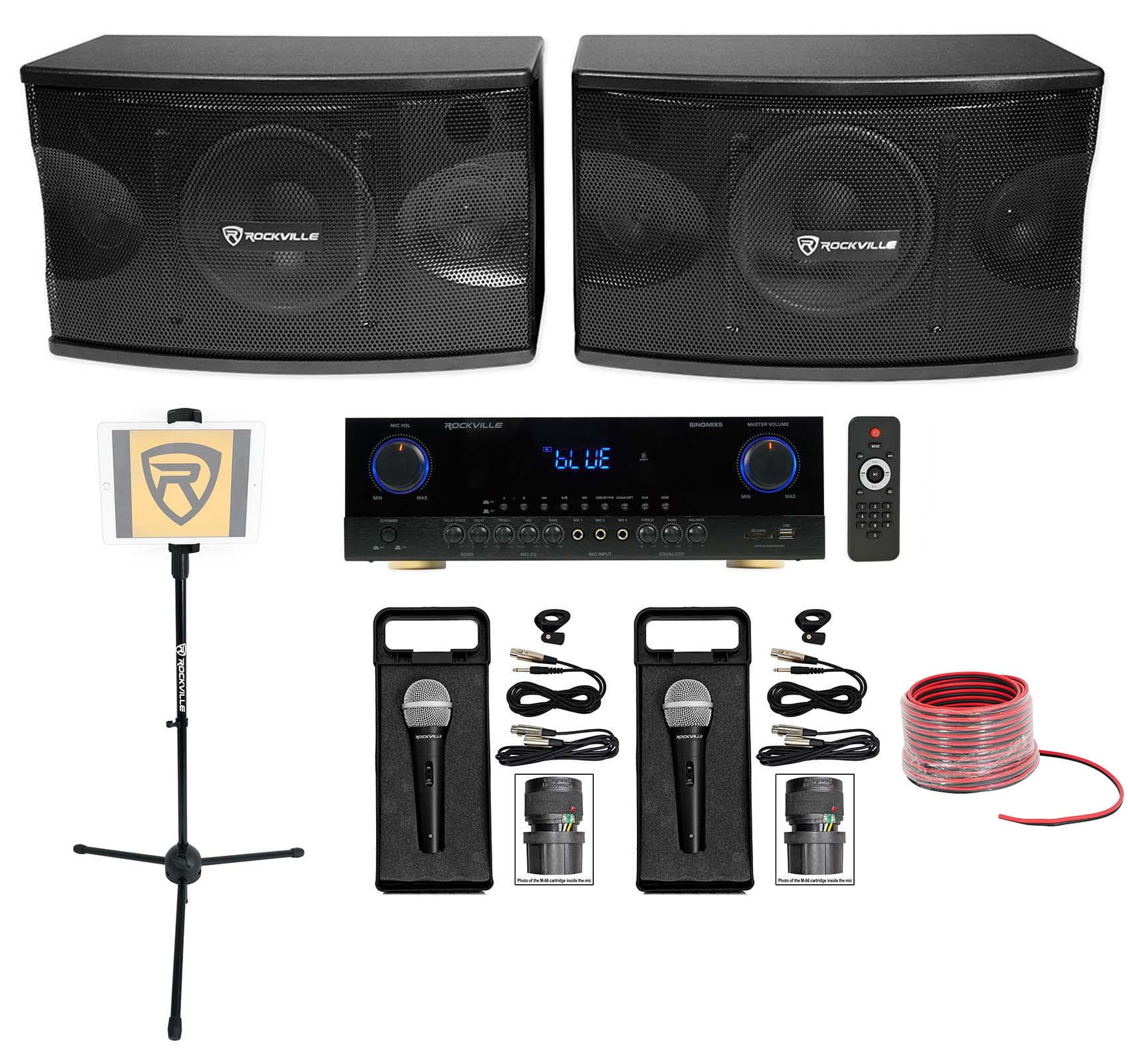 2 Mics Rockville KPS10 10 Karaoke Vocal Speakers+Bluetooth Amplifier Mixer+2 Mini Spool Car Audio Speaker Wire Rockville R14GSBR100 Red/Blk 14 Gauge 100 Ft 