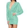 thumbnail image 5 of Cavosen Cocktail Dresses for Women Short Green Sequin Elegant Long Sleeve Party Dress Deep V-Neck Glitter Sparkly Mini Dress Bodycon Wrap Wedding Guest Dress Evening Prom, 5 of 6