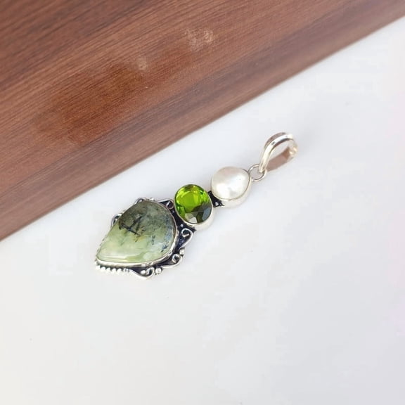 Prehnite Pearl Peridot Pendant 925 Sterling Silver Natural Gemstone Handmade Boho Pendant Jewelry Gift For Her