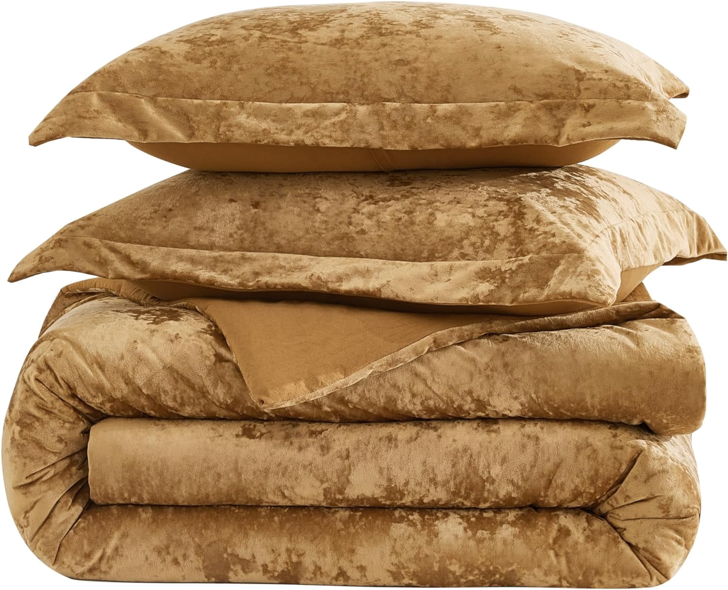 Chezmoi Collection Lux 3-Piece Caramel Gold Velvet Comforter Set King Size, All Season Lush Plush Velvet Bedding Set with Soft Washed Microfiber Reverse