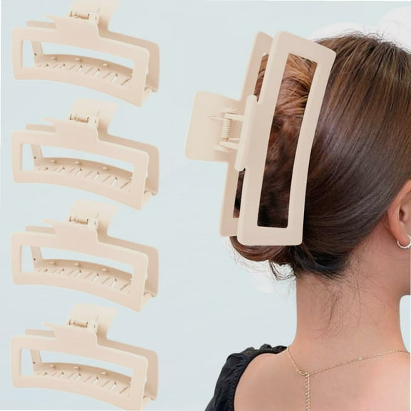 5 Inch Beige Extra Large Hair Clips for Thick and Long Hair, 4 Pcs Xl Jumbo Clips, Oversized Matte Anti-Slip Rectangular Hair Clips for Women, Large Strong Jaw Clip