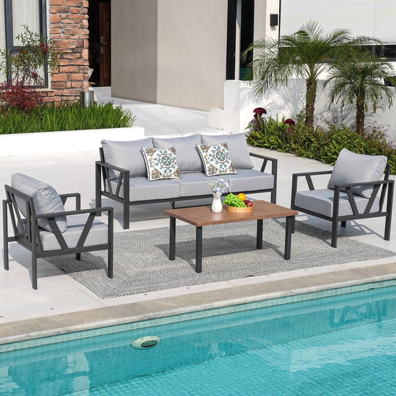 COMLAX FIELD Outdoor Patio Furniture Set, 4-Piece Metal Patio Conversation Set with Thick Cushions