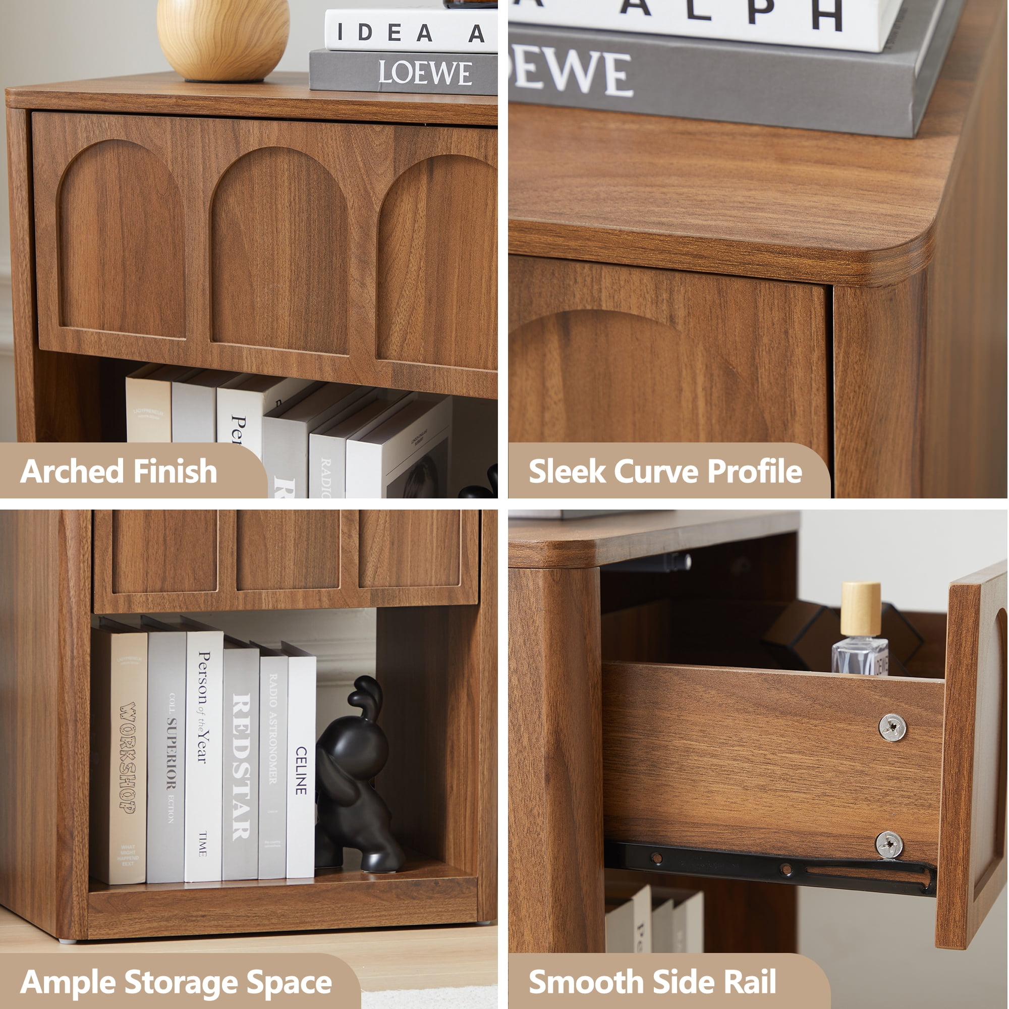YOCWO Walnut Nightstand Set of 2 with Drawer for Bedroom, Wood Bedside Table with Arched Fluted