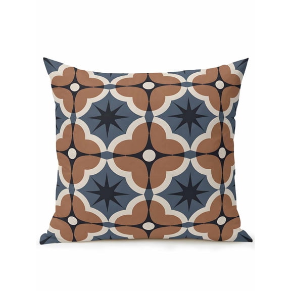 1 Pack Outdoor Throw Pillow, Blue Brown Flowers Waterproof Pillow with Insert Included, Farmhouse Boho Geometric Floral Decorative Accent Cushion Sofa Pillows for Patio Porch, 18 x 18 In