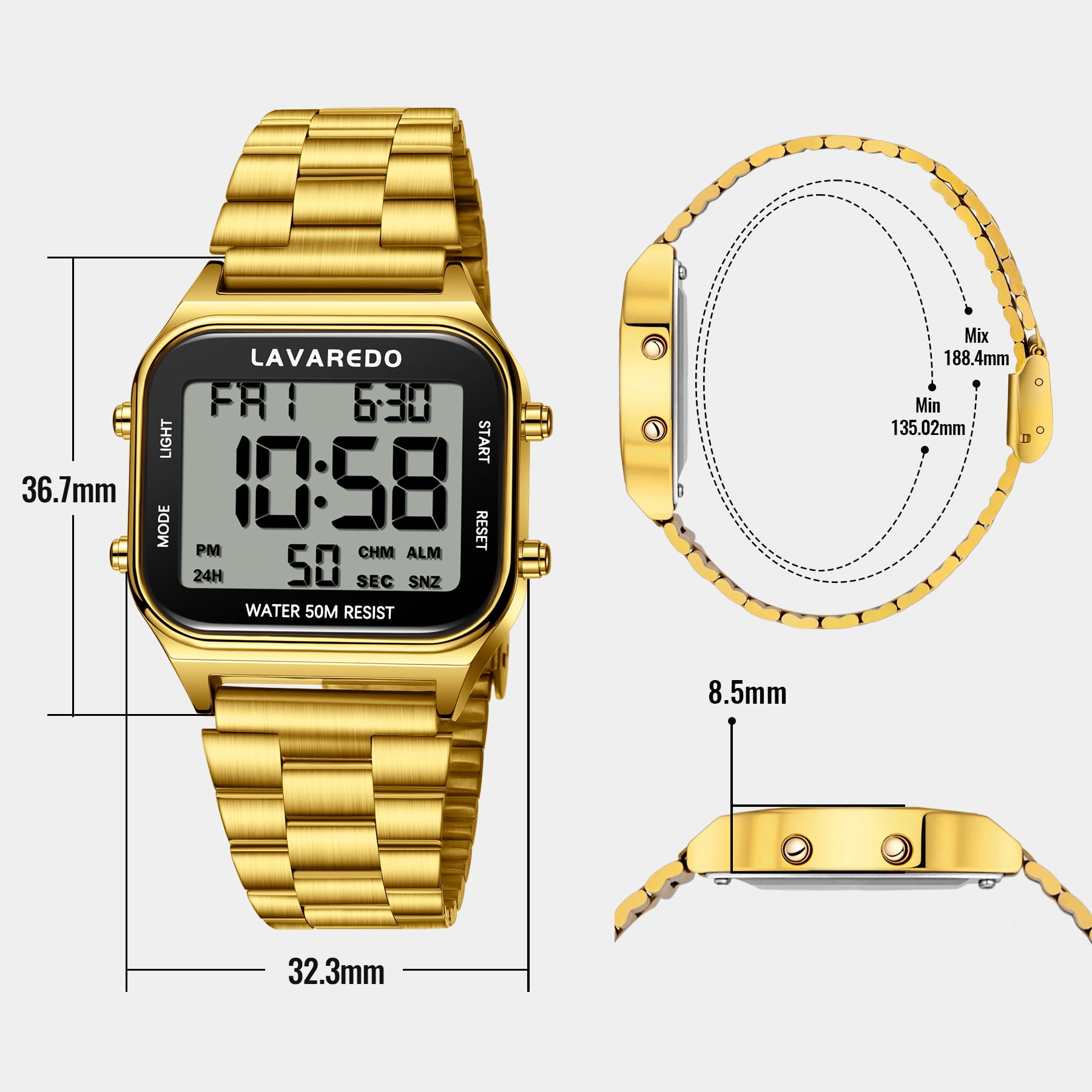 Men's Digital Sport Watch - LED Display, Stainless Steel Strap, Date, Alarm, Stopwatch,Water-Resistant Man Watch Ideal Gift for Men