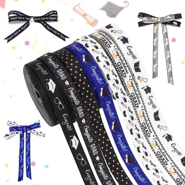 7 rollos de 34 yardas de cinta de graduación 2025 para envolver regalos, 3/8 de pulgada, cintas de felicitación para graduados, cinta de grosgrain blanca, negra y azul de la clase de 2025