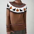 thumbnail image 2 of zaveiop Womens Halloween Clearance Sale Pumpkin and Black Cat Crewneck Pullover Sweater Long Sleeve Knit Basic Knit 2025 Fall Winter Sweater Tops (Coffee, S), 2 of 9
