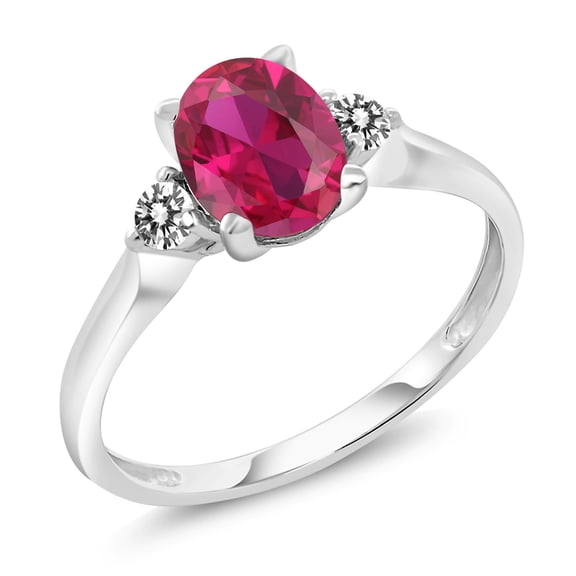 Gem Stone King 10K White Gold Oval Red Created Ruby and White Diamond Engagement Ring for Women (1.63 Cttw, Size 9)