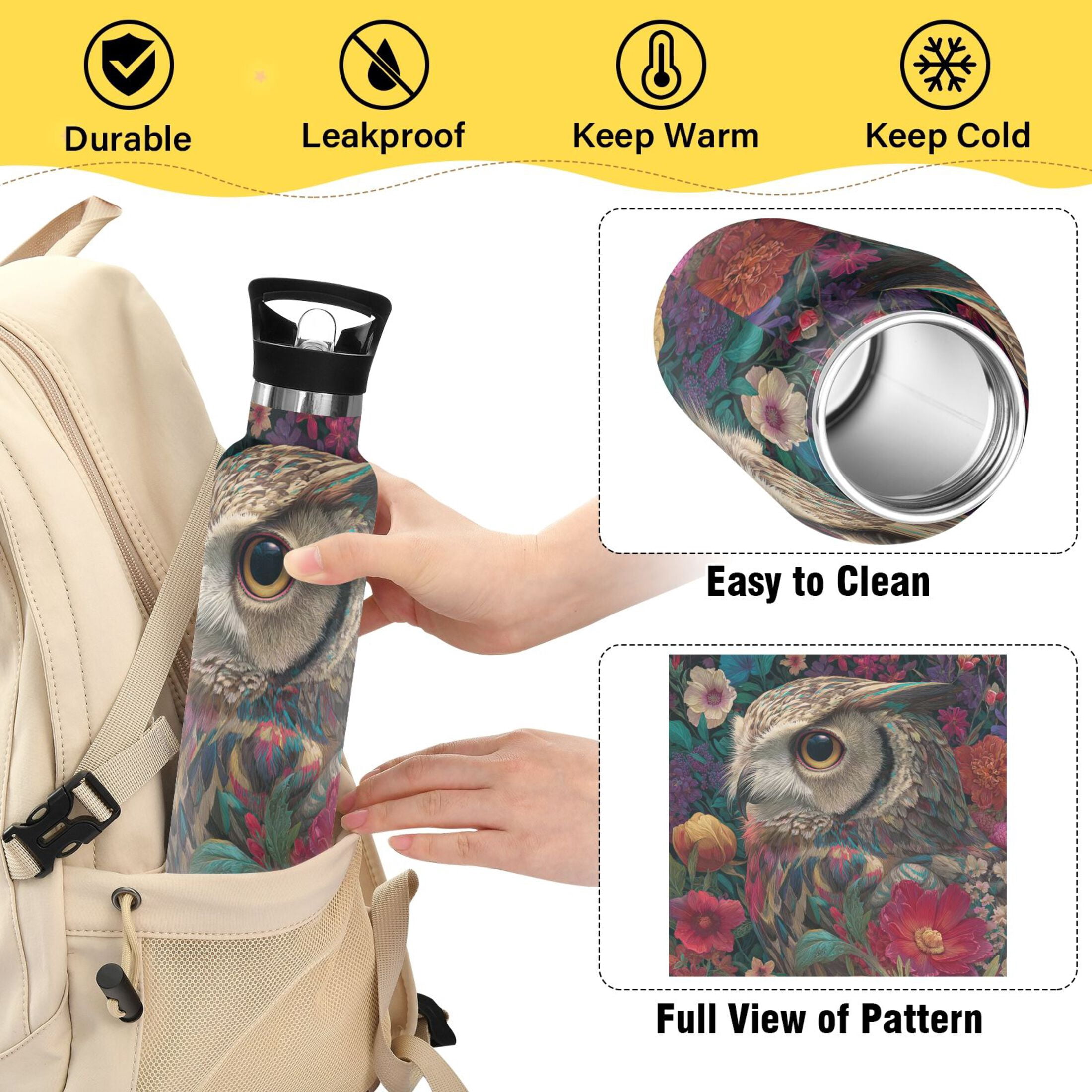 Kids Insulated Stainless Steel Sports Water Bottle 600ml (20oz) Portrait Of An Owl