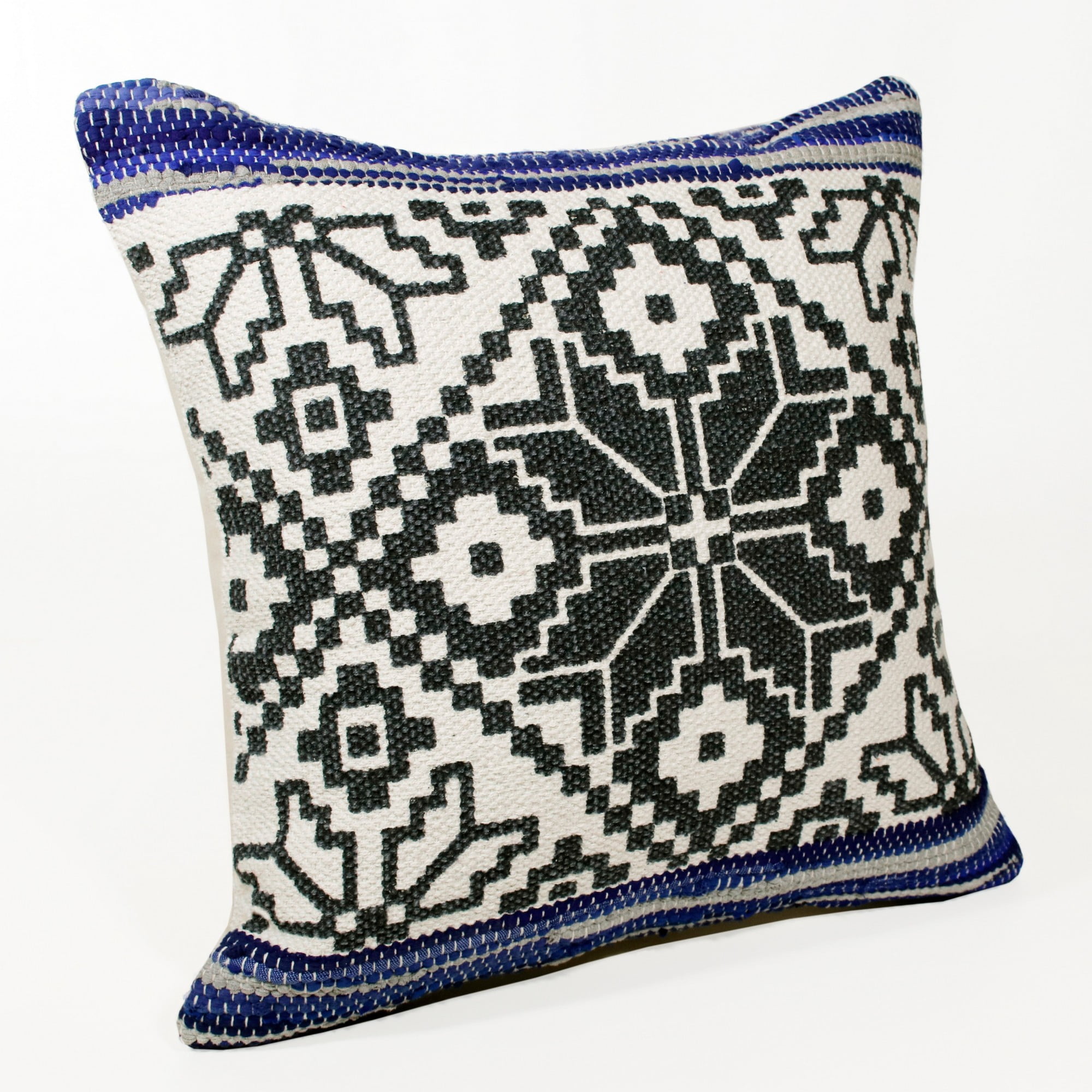 Laddha Home Designs Handwoven Tribal Geometric Throw Pillow Cover - 20" - Blue and Gray