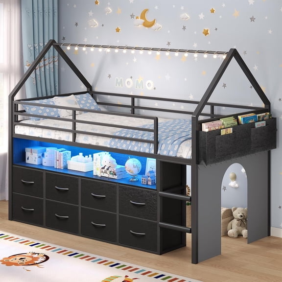 Toogaho Twin Size Loft Bed with 8 Storage Drawers & Open Shelf,House-Shape Design,Metal Bed Frame with Under-Bed Play Space & LED Light,No Box Spring Needed,Black