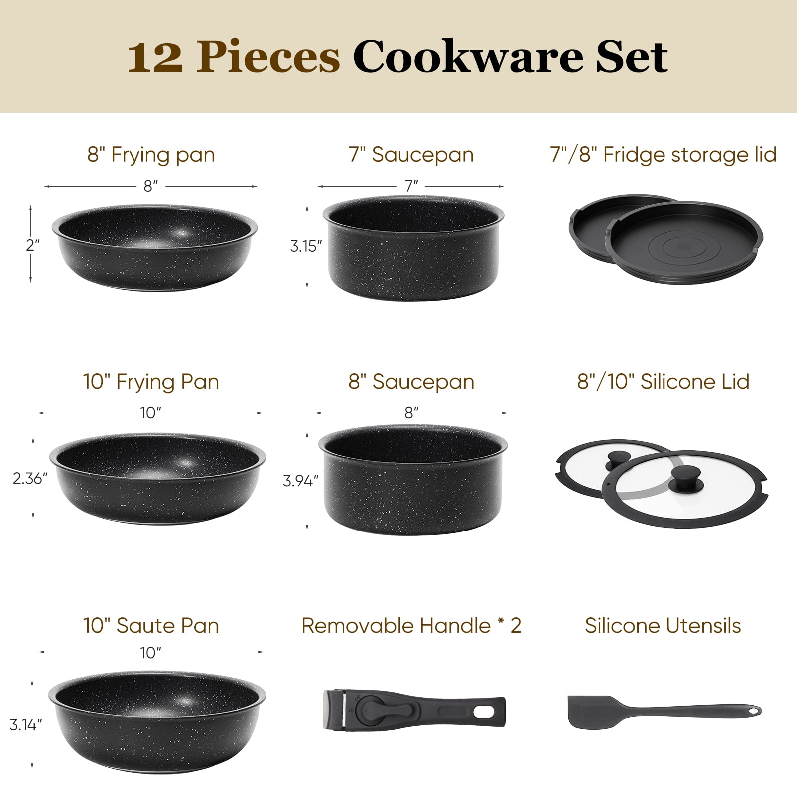 JIOABL 12-Piece Nonstick Pots and Pans Set, With Removable Handle, Induction Cookware, Black