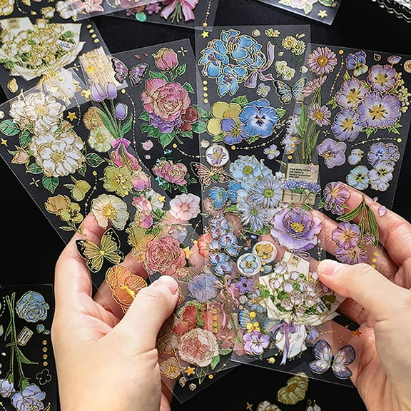 JUMRHFAN Scrapbooking Journaling Sticker Sheets, Flower Butterfly Plant Gold Foil Transparent Waterproof Stickers for Adults Kids (12 Sheets with 4 Themes)