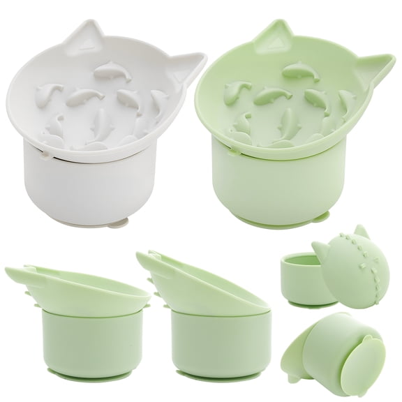 shuaien 2-Pack Silicone Slow Feeder Cat Bowls with Mat Elevated Tilted Anti-Vomit Adjustable Angle White & Green