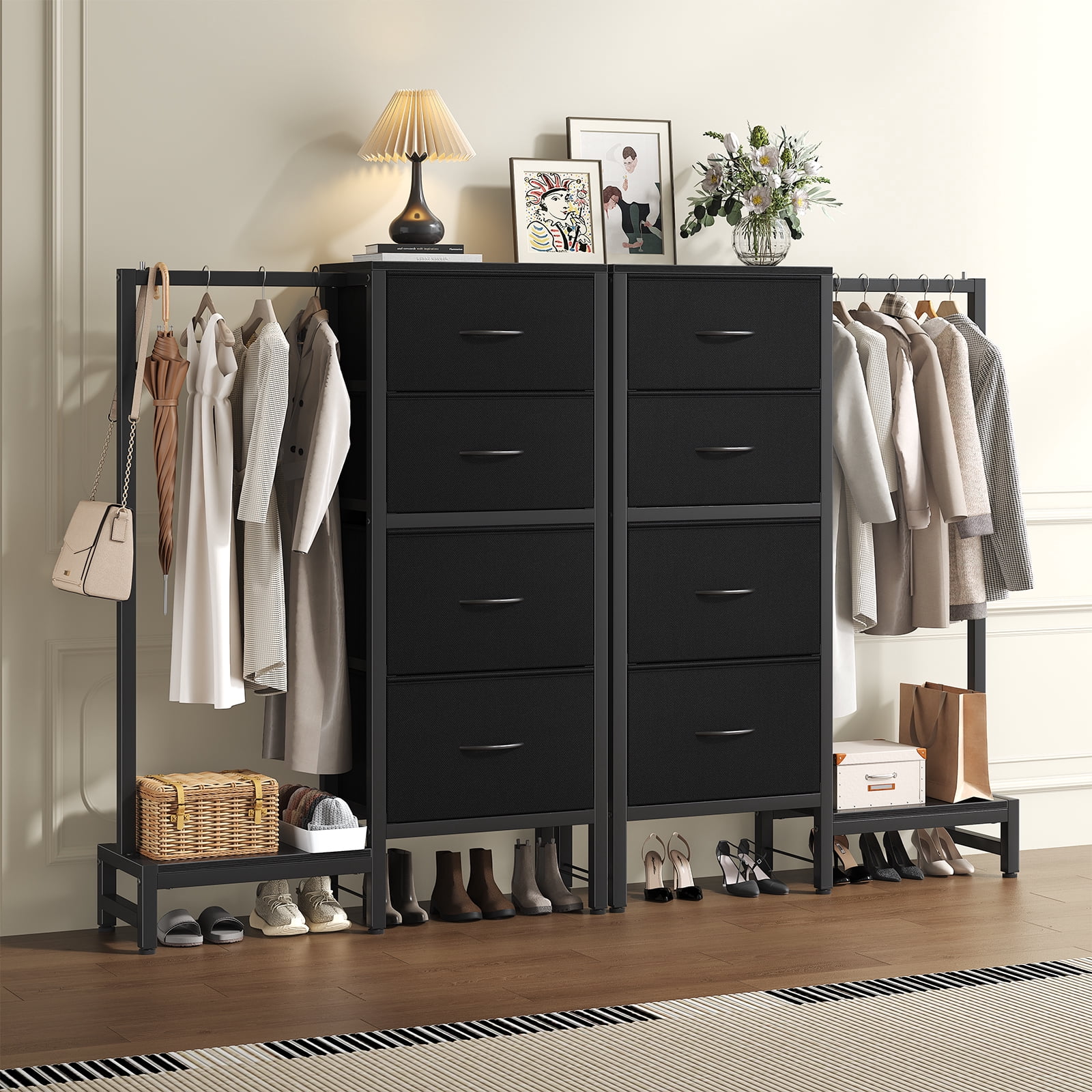 CONCETTA 44-inch Tall Dresser with Hanging Rack & 4 Drawers, Small Bedroom Closet, Reversible Fabric Chest, Sturdy Frame Storage Tower, Black