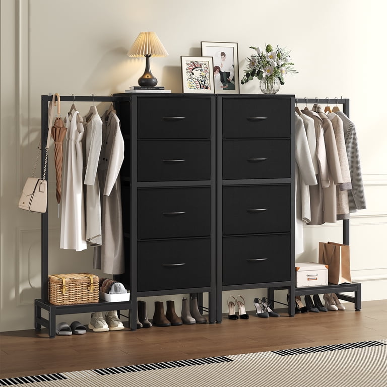 CONCETTA 44-inch Tall Dresser with Hanging Rack & 4 Drawers, Small Bedroom  Closet, Reversible Fabric Chest, Sturdy Frame Storage Tower, Black