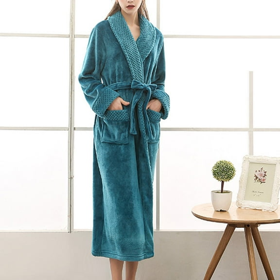 Unisex Fleece Robes, Women Soft Long Winter Cozy Warm Bathrobes Comfy House Coat Knitted Maxi Sleepwear New Bath Robes for Women Plus Size Green M