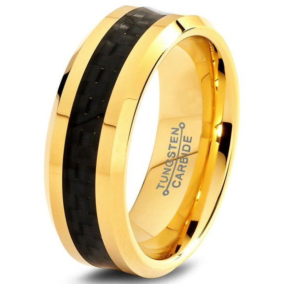 Charming Jewelers Tungsten Wedding Band Ring 8mm for Men Women Comfort Fit 18K Yellow Gold Plated Black Carbon Fiber Beveled Edge Polished Lifetime Guarantee Size 11