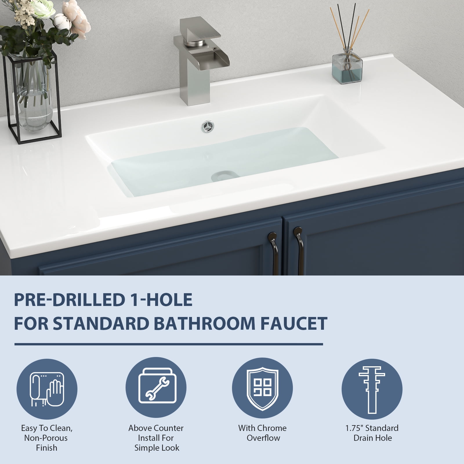Logmey 36"x18" Porcelain White Bathroom Ceramic Sink Rectangular Top Mount Sink with Overflow Hole, Pre-Drilled Faucet Hole
