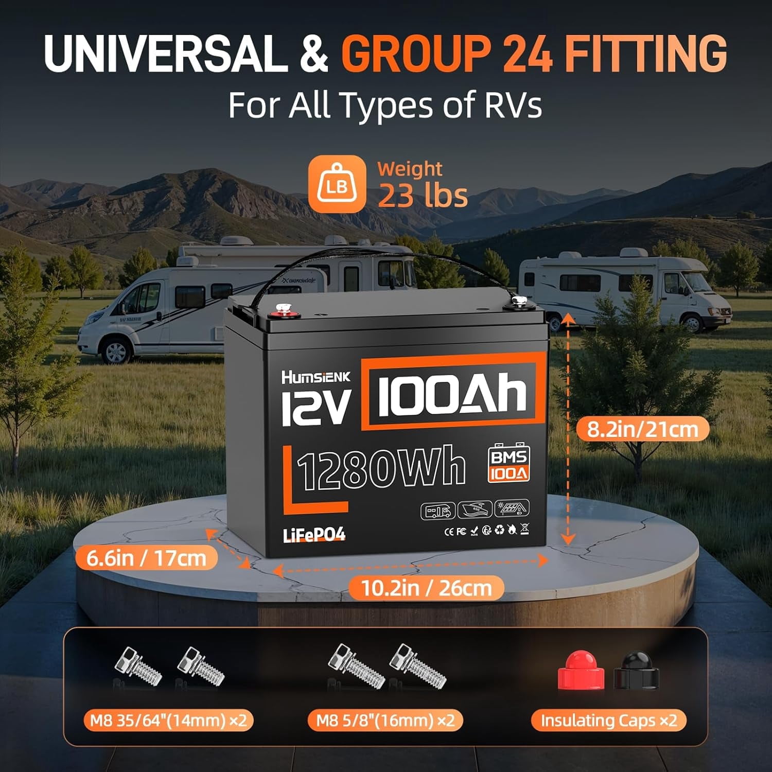 HumsiENK 12V 100Ah LiFePO4 Battery with 100A BMS, Group 24 Deep Cycle Lithium Battery with Low Temp Cut off for RV, Solar, and Marine Trolling Motors