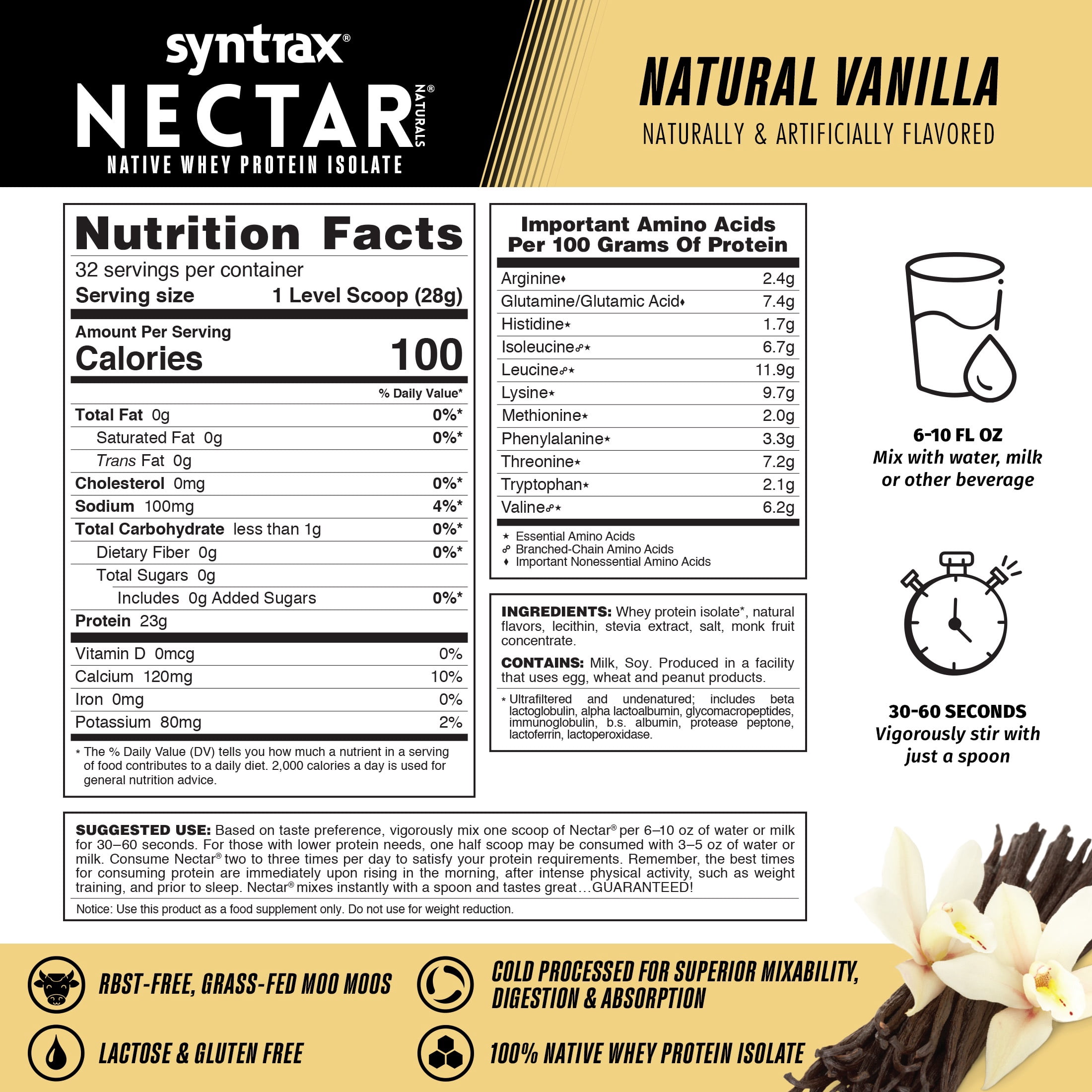Syntrax Nectar Naturals, Natural Vanilla, 2 lbs. Native Whey Protein Isolate, offers a Smooth & Creamy Flavor