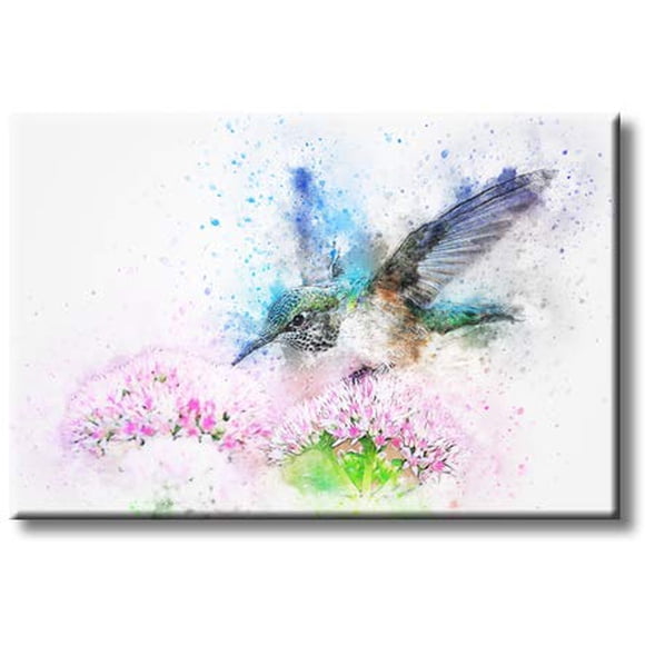 Belle Émeraude à Queue Colibri en Vol Se Nourrissant sur des Fleurs Roses Design Image sur Toile Tendue, Décoration Murale, Prêt à Accrocher