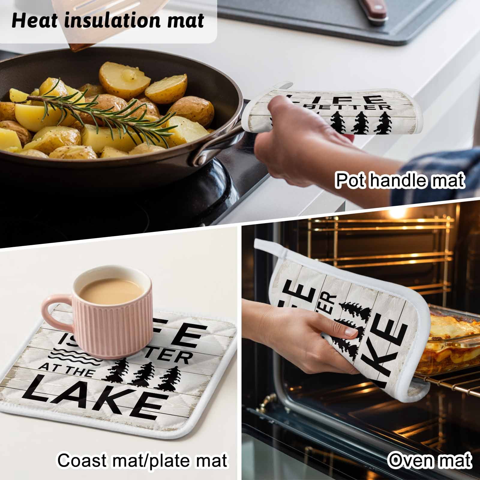 Life Is Better at The Lake Pot Holders for Kitchen Heatproof Potholder, 5 Pack Rustic Black Artistic Aesthetics Hot Pads Multipurpose Oven Pads Cloth Potholders Trivet for Cooking Baking