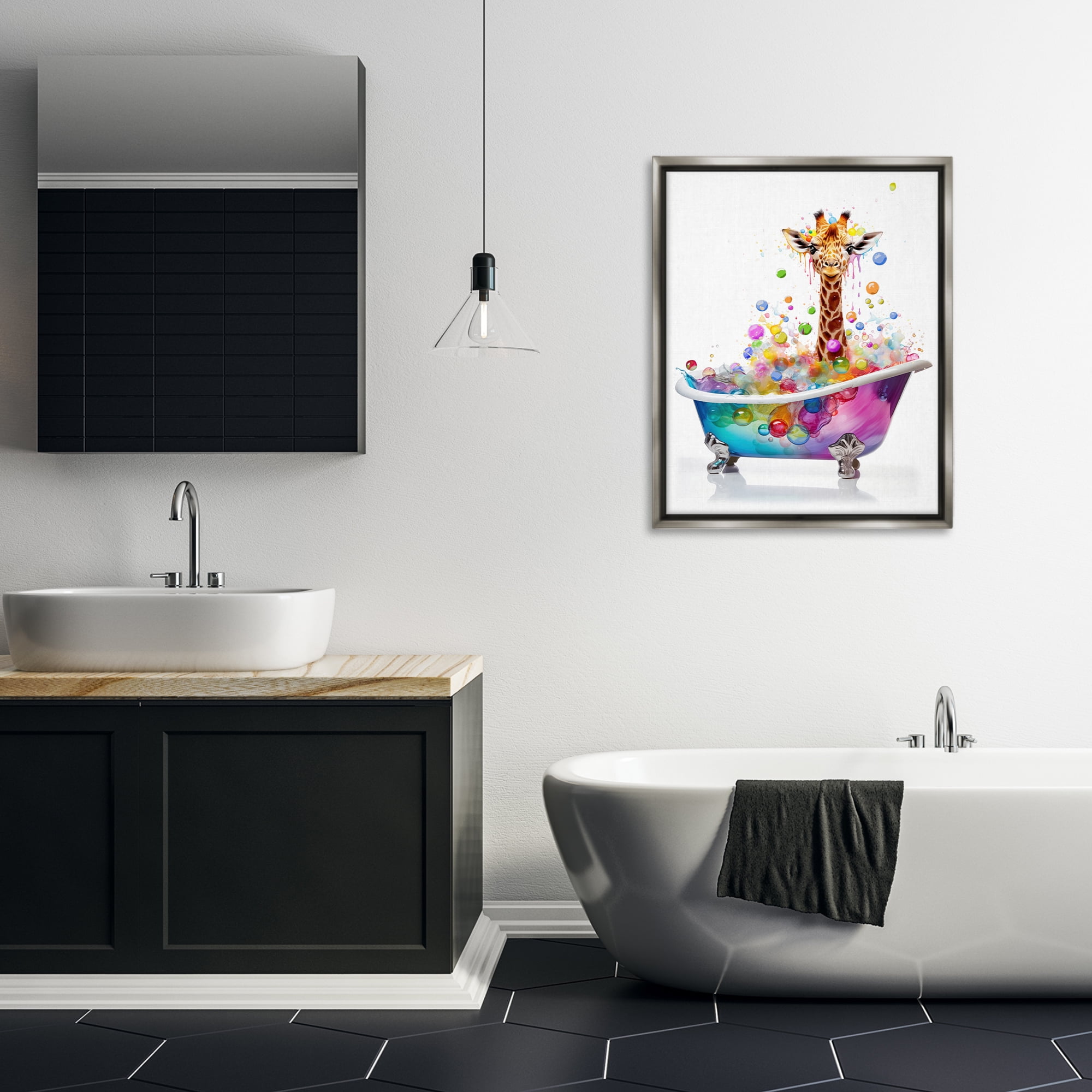 Stupell Industries Rainbow Bubble Bath Giraffe Bath & Laundry Painting Gray Floater Framed Canvas Art Print Wall Art, 25 x 31