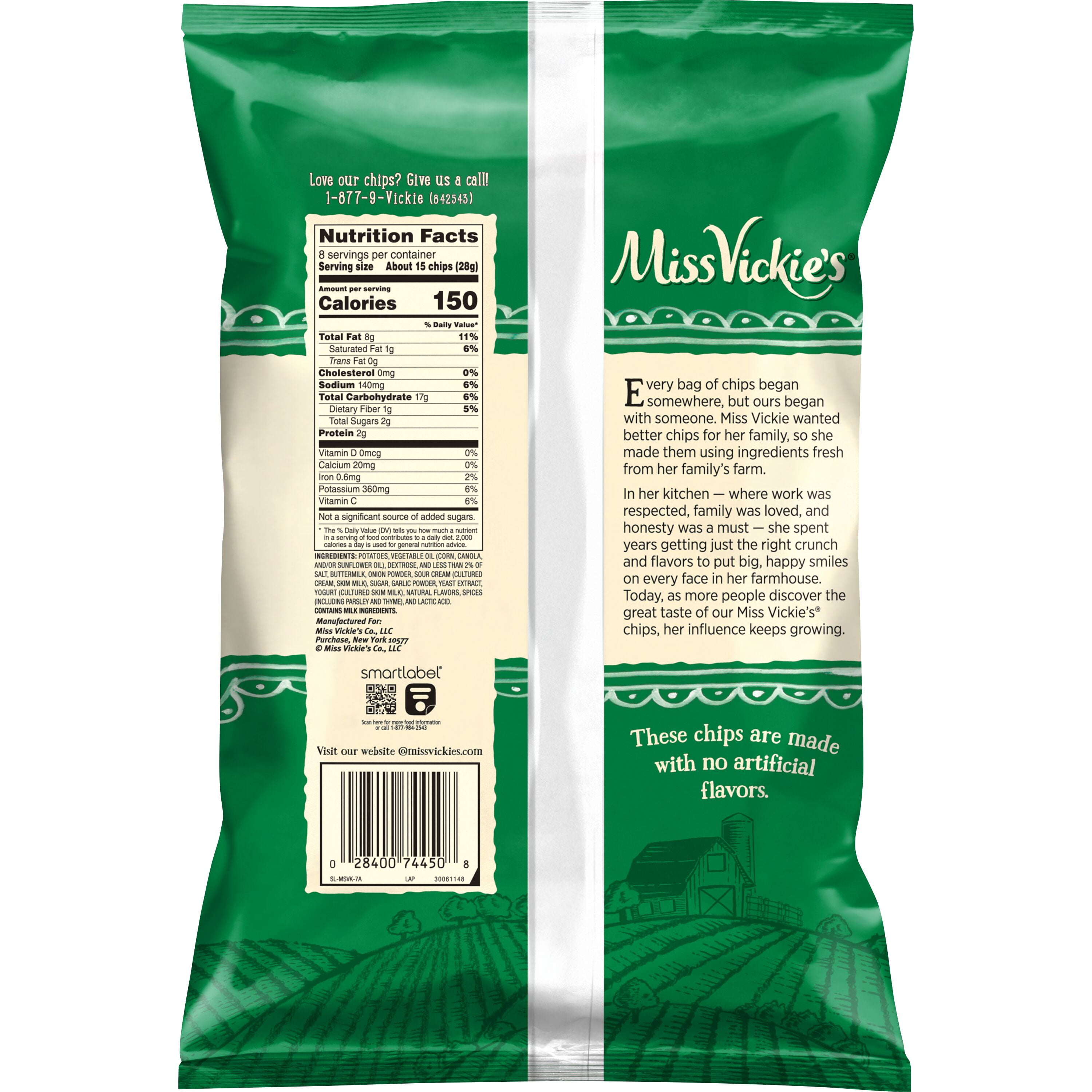 Miss Vickie's Sour Cream Herb and Onion Kettle Cooked Potato Chips, 8 oz Bag