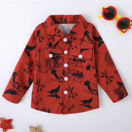 

Geire Children Clothing New Trendy Printed Shirt European Style Long Sleeved Turndown Collar Regular Fit Button Shirt Top with Pockets for Outdoor Wear