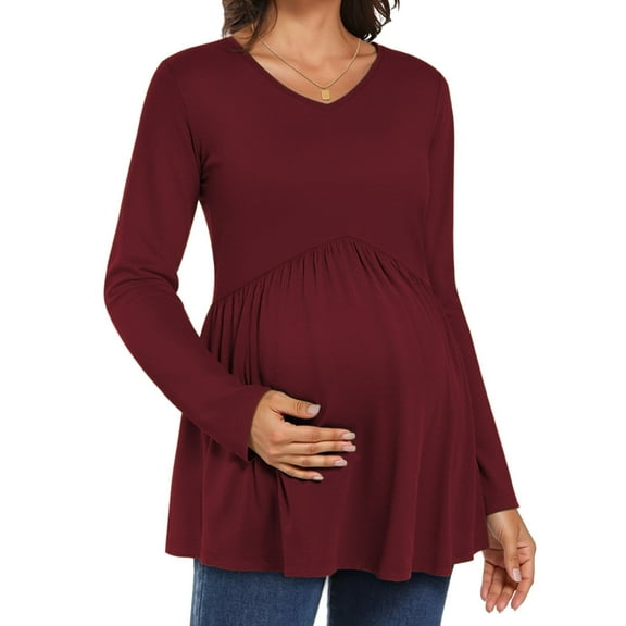 WellSize Women Maternity blouses Casual Fall Tunic Tops V Neck Long Sleeve Shirts Winter Pregnancy Clothes