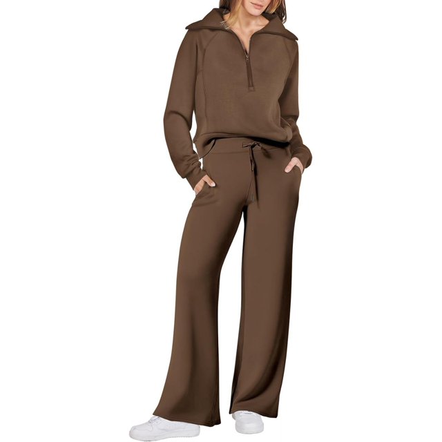 Women 2 Piece Outfits Sweatsuit Set 2023 Fall Oversized Half Zip Sweatshirt Wide Leg Sweatpant Lounge Set Tracksuit