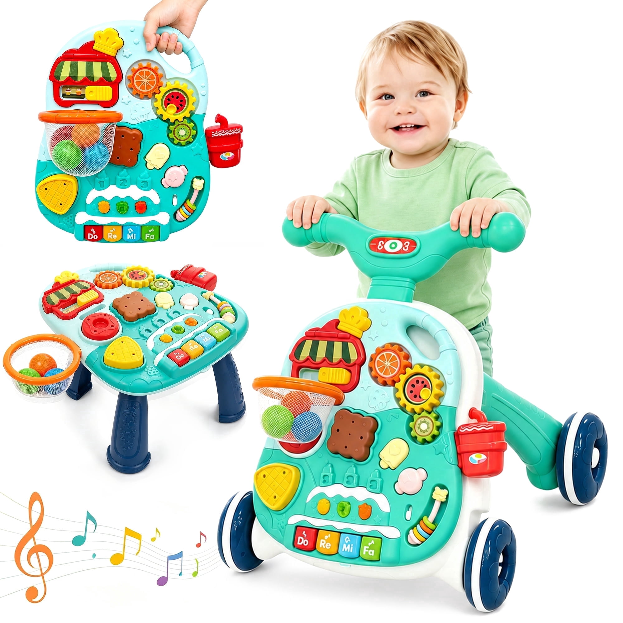 FVLOENG Baby Push Walkers Activity Table Center 3 in 1 Music Learning Walker Sit-to-Stand Toys ,Multifunctional Removable Play Panel,for 6-12 Months Early Educational Gift Infant Boys Girls