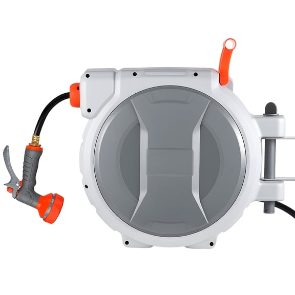 KFFKFF Retractable Garden Hose Reel, 1/2 in x 100 ft, Wall-Mountable with 9-Pattern Spray Nozzle, 180° Swivel Bracket, Adjustable Length Lock, and Automatic Slow Rewind for Watering Tasks