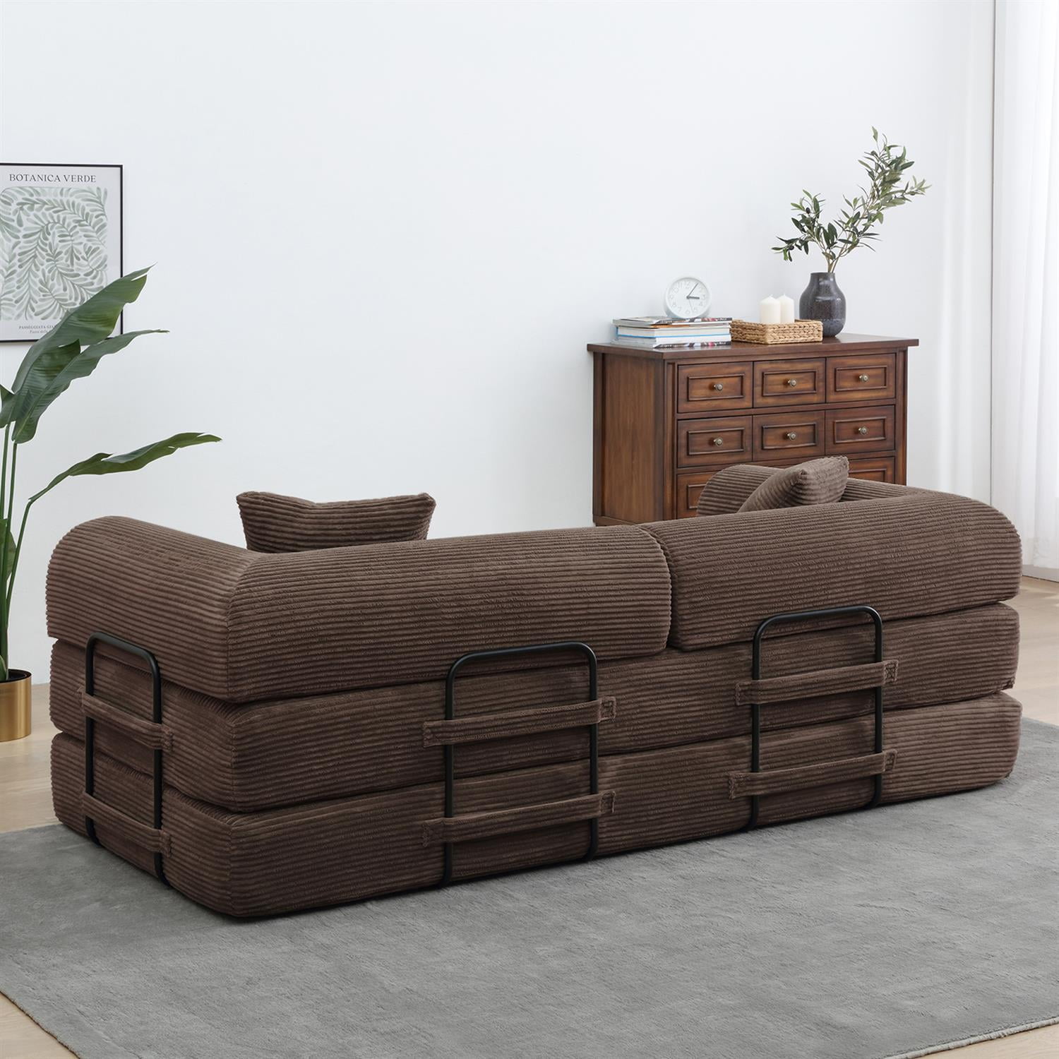 Demi Bonn 77" Convertible Sleeper Sofa Bed, Corduroy Foldable Mattress Couch with Cylindrical Pillow & Fixed Frame for Living Room, Bedroom, Brown