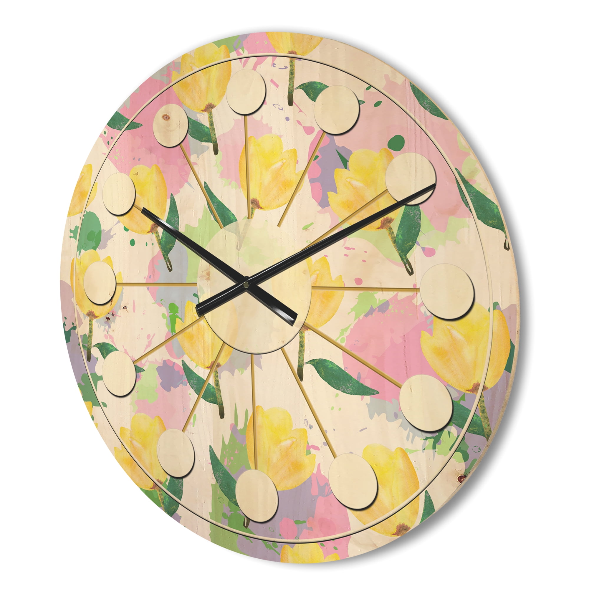 Designart 'Flowers With Floral Pattern' Mid-Century Modern Wood Wall Clock
