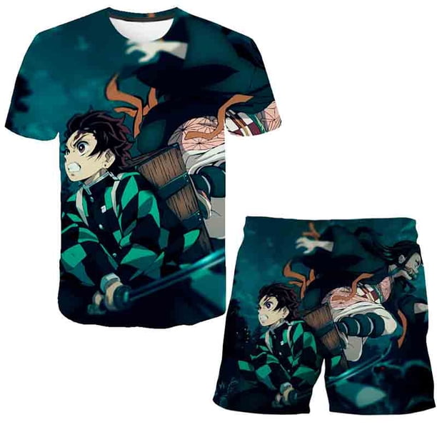 Conjuntos de ropa Demon Slayer para bebés y niñas, camisetas de manga corta de verano y pantalones cortos, 2 uds./trajes, nuevos trajes informales estampados 4T Gao Jinjia LED