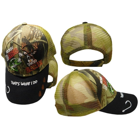 Kickin Bass Takin Game Hunting Fishing Camo Black Mesh Embroidered Cap Hat