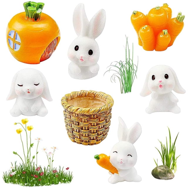 Adornos de conejo, decoración de figuras de jardín de conejos elegantes, decoración de mesa de conejito de Pascua de resina, adornos para primavera o hogar, 7 piezas ER