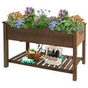 PETSCOSSET Raised Garden Bed Elevated Wooden Planter Box with Storage Shelf and Liner, Brown