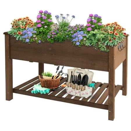 PETSCOSSET Raised Garden Bed Elevated Wooden Planter Box with Storage Shelf and Liner, Brown
