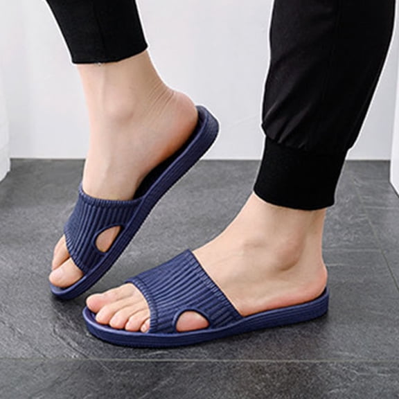 Nmnitkp Mens Slippers Non-Slip Striped EVA Bathroom Slippers Quick Dry Open Toe Shower Slides Comfortable Home Shoes For Indoor Outdoor Spring Summer Dark Blue 42-43