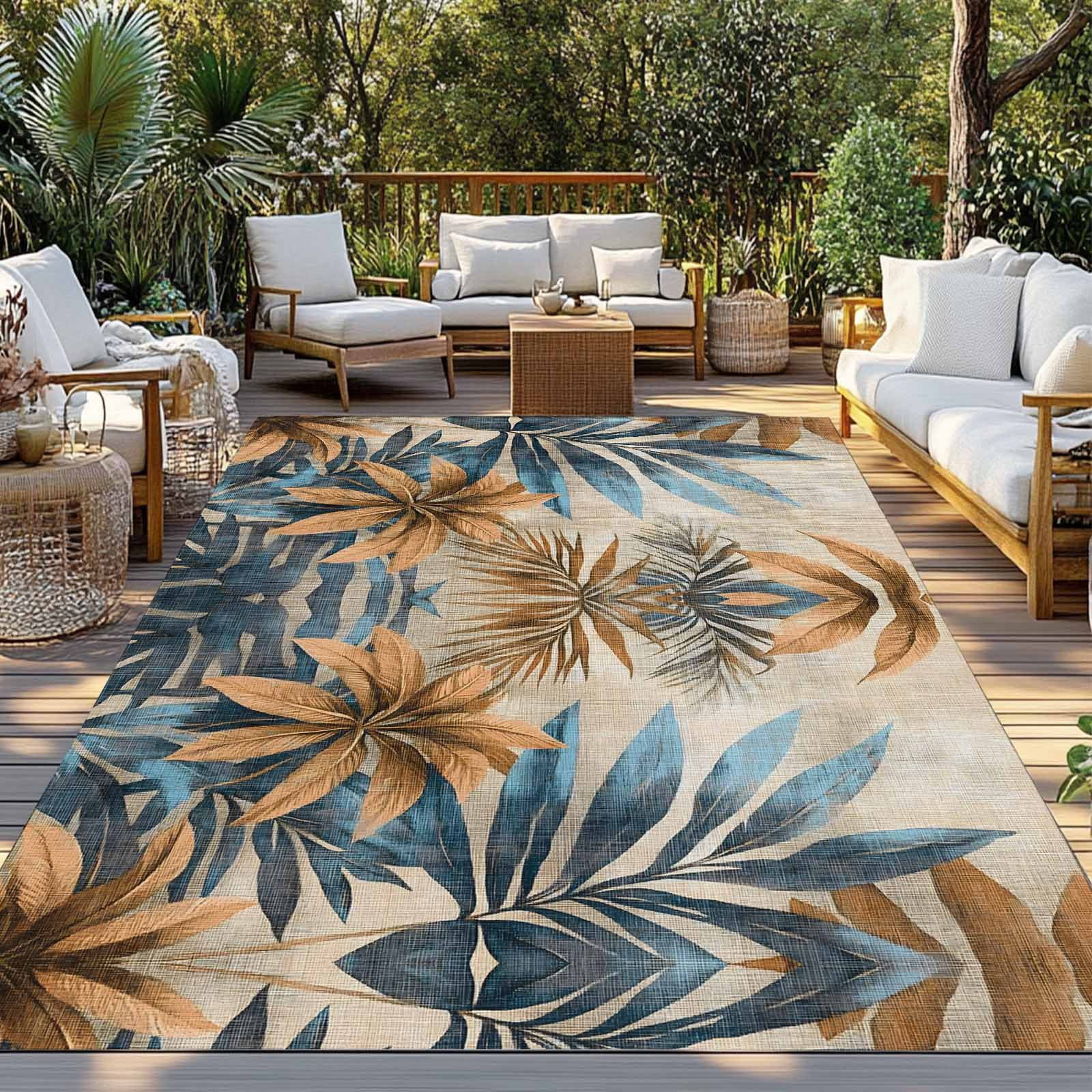 Fsddascl Navy Blue Brown Outdoor Rug for Patio/Deck/Porch, Non-Slip Large Area Rug 4 x 6 Ft, Retro Tropical Botanical Palm Leaves Indoor Outdoor Rugs Washable Area Rugs, Camping Rug Carpet