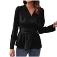 thumbnail image 1 of Hauts d'Automne et d'Hiver pour Femmes Col en V Manches Lanterne Chemise en Chiffon Couleur Unie Taille Manches Longues, 1 of 3