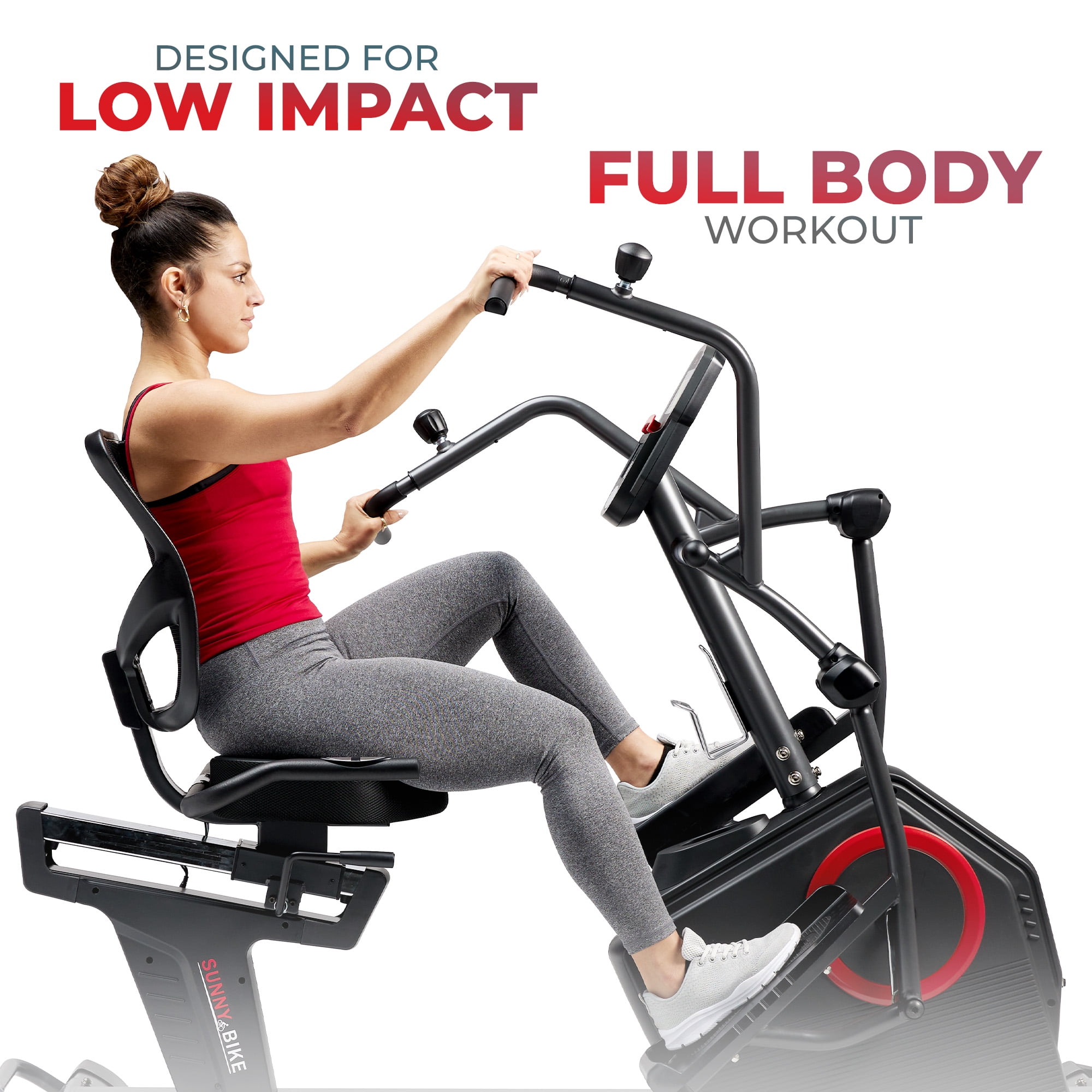 Sunny Health & Fitness Electromagnetic Recumbent Cross Trainer Exercise Elliptical Bike w/Arm Exercisers, Easy Access Seat & FREE SunnyFit App via Bluetooth - SF-RBE4886SMART