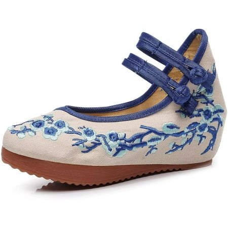 

Pfhytec LU Womens Cute Embroidery Flats Traditional Chinese Height-Increasing Mary Janes Comfy Cosplay Low-Heel Party Shoes