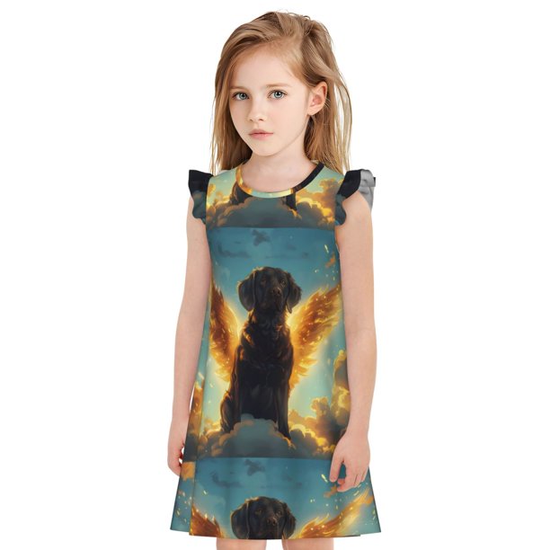 Fotbe Golden Cloud Winged Dog Vestido de Dormir para Niñas de 3 a 10 Años, Mangas Cortas, Estilo Princesa, Pijama Camisón con Mangas Voladas-Small