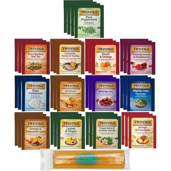 Twinings Tea Herbal Variety Gift Box, Naturally Caffeine-Free Sampler (Pack of 40) 13 Flavors with By The Cup Honey Sticks