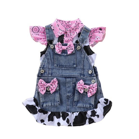 Michellecmm Girl Summer Outfit Cow Print Flying Sleeve Tops Denim Overalls Skirt